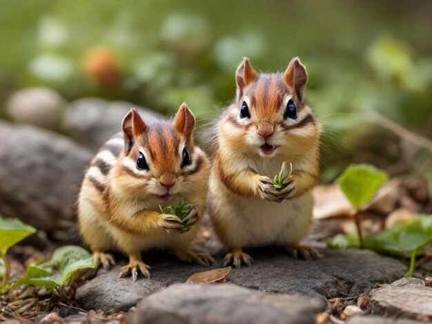 deux écureuils mangent quelque chose d'un arbre