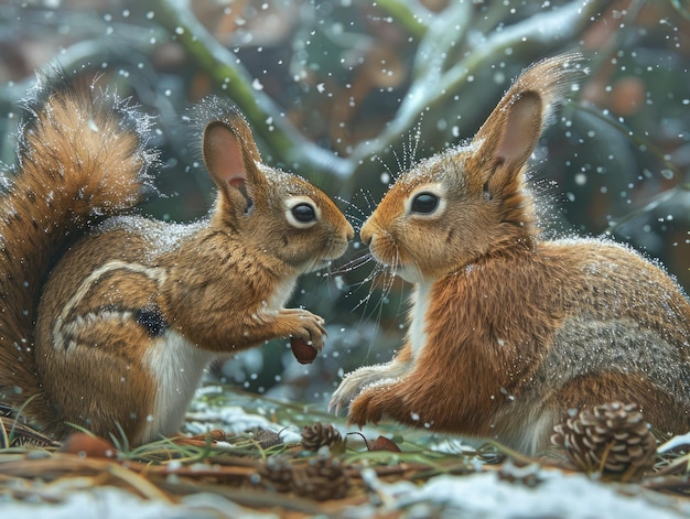 Deux écureuils partagent un moment dans une forêt enneigée avec des flocons qui tombent