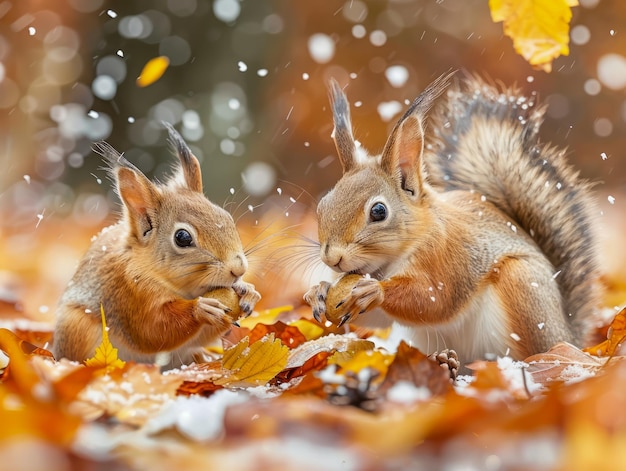 Deux écureuils s'amusent à l'automne parmi des feuilles d'or tombées avec des flocons de neige