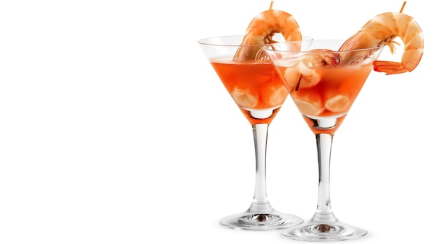 Deux élégants verres de martini avec un cocktail de crevettes et une garniture sur un fond blanc