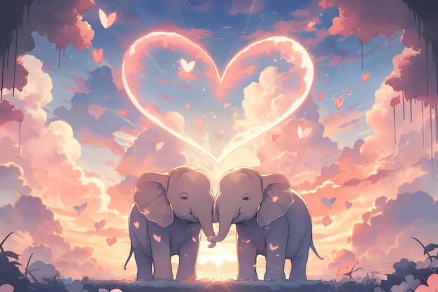 Deux éléphants amoureux sur le fond d'un ciel au coucher du soleil avec des nuages et des cœurs