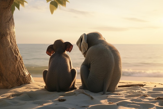 deux éléphants assis sur une plage de sable