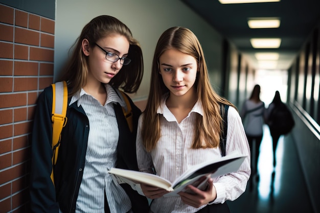 Deux élèves dans le couloir de leur école passent en revue leurs devoirs générés par Ai