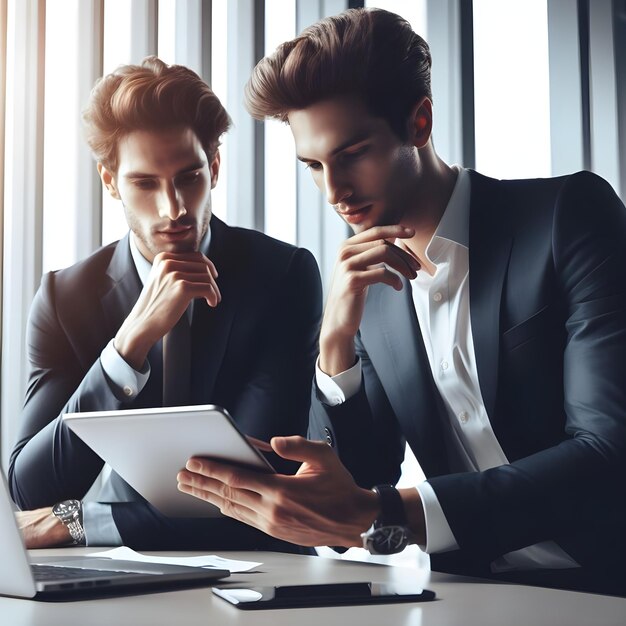 Photo deux employés de bureau avec une tablette au bureau tard dans la nuit