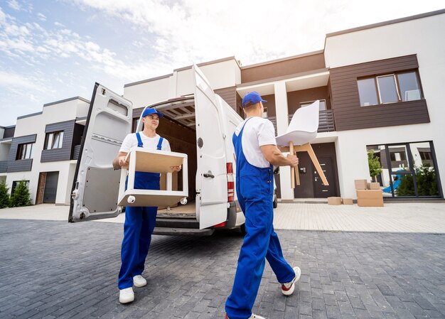 Deux employés d'une entreprise de déménagement déchargeant des cartons et des meubles d'un minibus