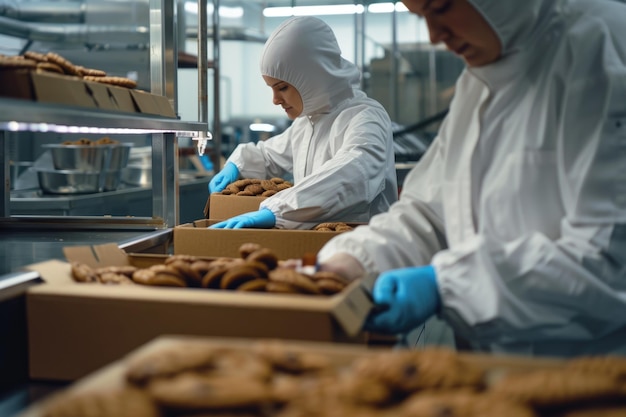 Deux employés d'une usine alimentaire travaillant dur dans des uniformes stériles emballant des biscuits dans des boîtes