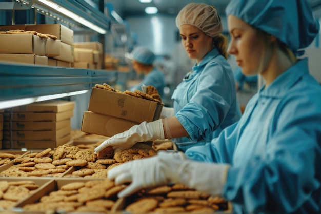 Deux employés d'une usine alimentaire travaillant dur dans des uniformes stériles emballant des biscuits dans des boîtes