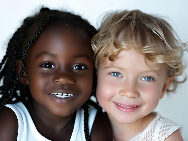 Deux enfants aux yeux bleus et aux cheveux blancs.