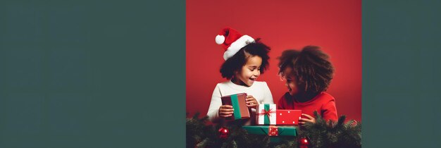 deux enfants en chapeaux de Père Noël ouvrant des cadeaux sur un fond rouge IA générative