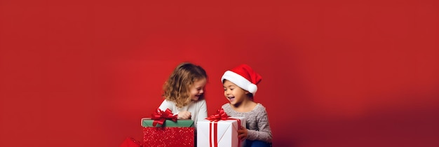 deux enfants en chapeaux de Père Noël tenant des cadeaux sur un fond rouge IA générative