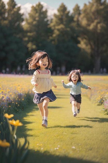 Deux enfants courant sur un champ de fleurs