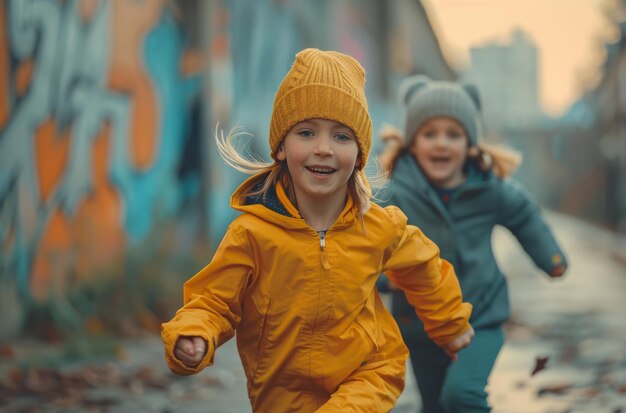 Deux enfants courent dans la rue sous la pluie