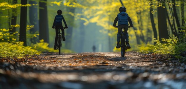 Deux enfants cyclistes sur un sentier forestier entouré de verdure et de lumière du soleil présentant une expérience paisible et active en plein air