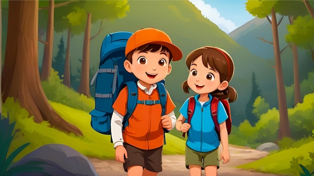 Photo deux enfants dans la belle forêt naturelle illustration d'aventure de garçon et de fille de dessin animé