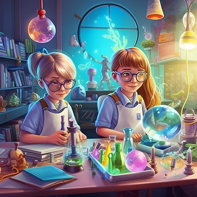 Deux enfants dans un laboratoire scientifique avec un fond bleu et un livre appelé le laboratoire scientifique.