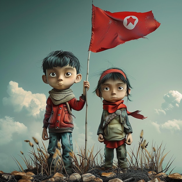 Photo deux enfants debout dans un champ avec un drapeau rouge qui dit e