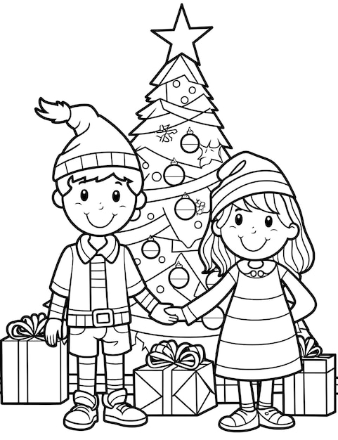 Photo deux enfants debout devant un arbre de noël avec des cadeaux pages à colorier pour enfants