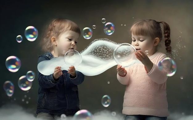 Deux enfants faisant des bulles sur une photo