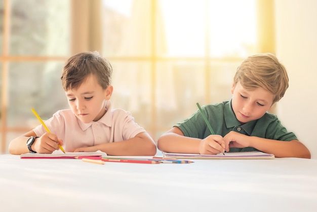 Deux enfants faisant leurs devoirs à la maison, dessinant avec des crayons