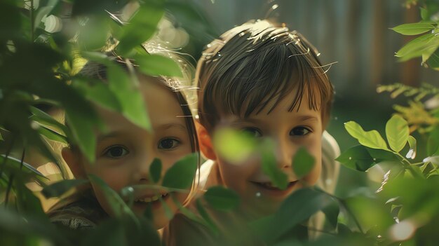 Photo deux enfants, un garçon et une fille, se cachent derrière un buisson. ils sourient tous les deux et ont l'air excités.