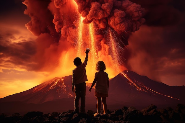 Deux enfants, un garçon et une fille, se tenant par la main et regardant un volcan en éruption avec de la fumée et de la lave.