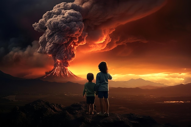 Deux enfants, un garçon et une fille, se tenant par la main et regardant un volcan en éruption avec de la fumée et de la lave.