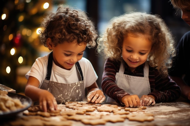 Deux enfants heureux en train de rire portant des chapeaux de chef cuisinant et décorant des biscuits de Noël flou Chris