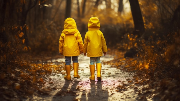Deux enfants en imperméables jaunes marchant sur un chemin dans les bois Generative AI