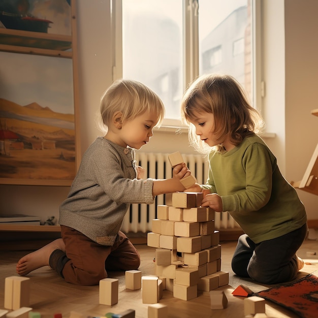 Deux enfants jouant avec des blocs de bois dans une pièce
