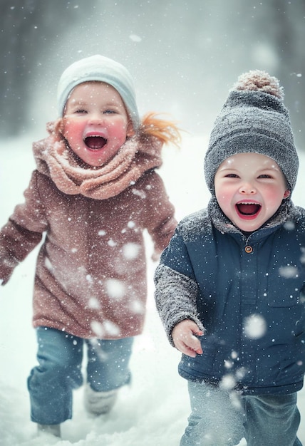 Deux enfants jouant dans la neige avec de la neige qui tombe sur eux