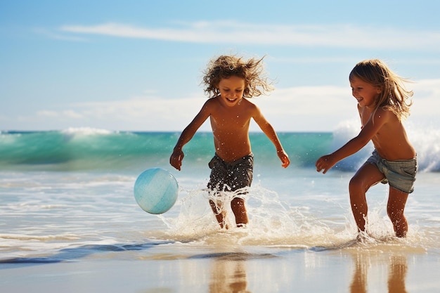Photo deux enfants jouant dans l'océan avec une balle