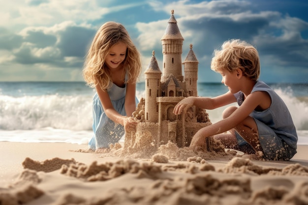 Deux enfants jouant dans le sable de la plage.