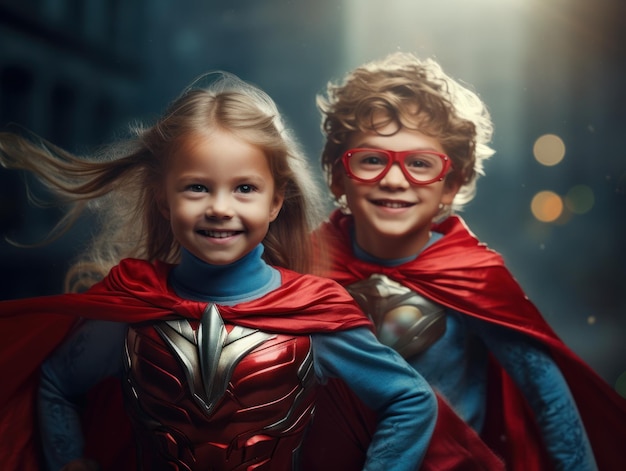 Photo deux enfants joyeux jouant aux super-héros à l'extérieur dans des costumes vibrants
