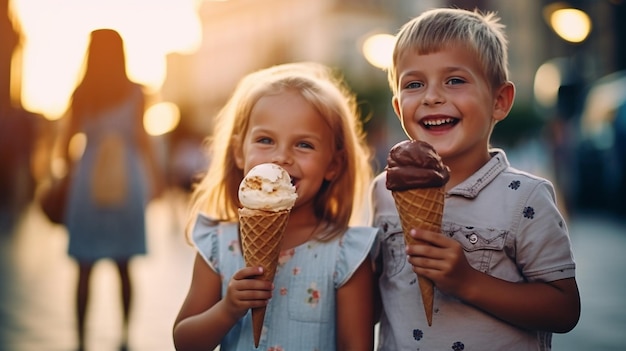 Deux enfants mangeant des glaces dans une rue