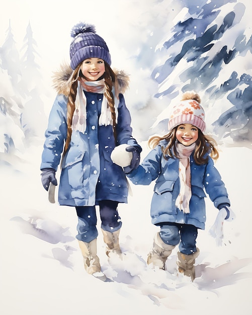 deux enfants marchant dans la neige se tenant la main visages souriants ventes soeurs bleu blanc couleur fille filles