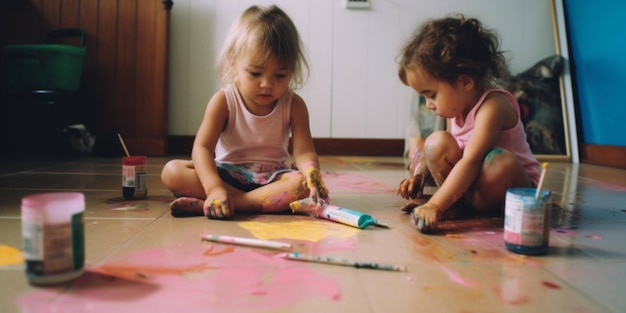 Photo deux enfants peignant sur le sol