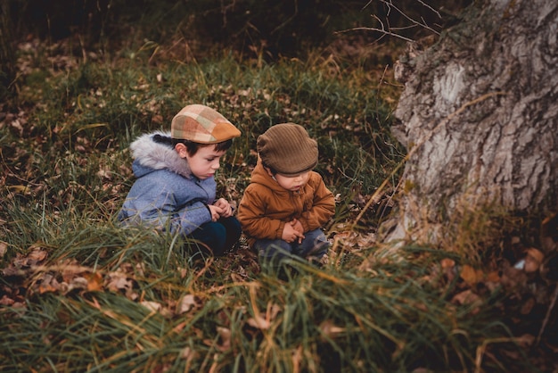 Deux enfants perdus dans le champ en regardant un arbre dans le champ avec des feuilles tombées en automne