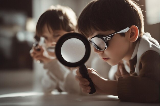 deux enfants regardant à travers une loupe, dont l'un regarde une loupe.