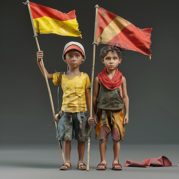 deux enfants se tiennent à côté de drapeaux qui disent que l'un est rouge