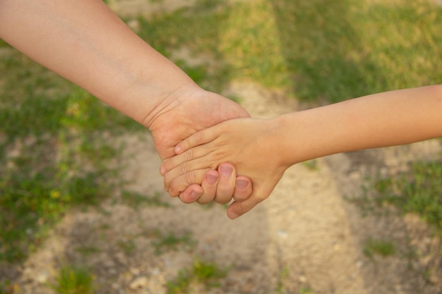 Deux enfants se tiennent la main sur fond d'herbe en été