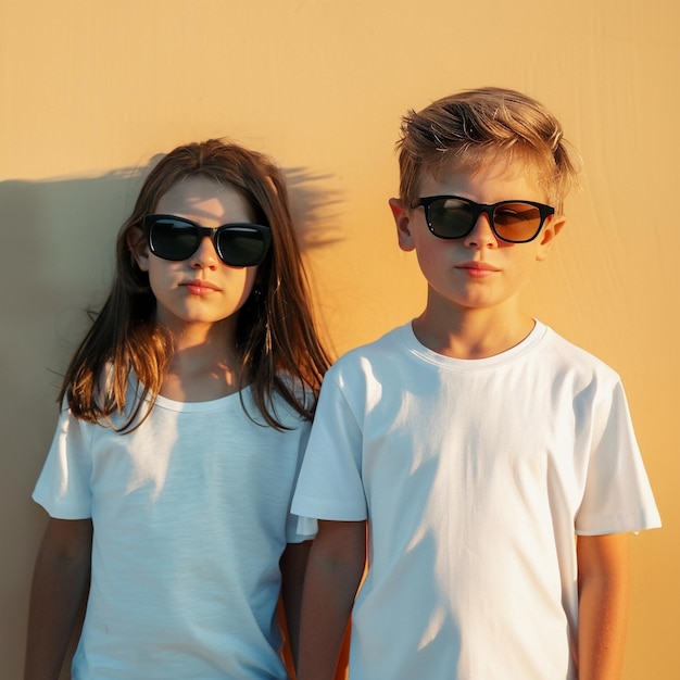 Deux enfants sérieux, un adolescent et une adolescente, portant des t-shirts blancs et des lunettes de soleil.