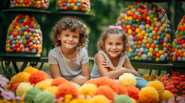 Deux enfants sont assis devant un présentoir de bonbons Childrens Day