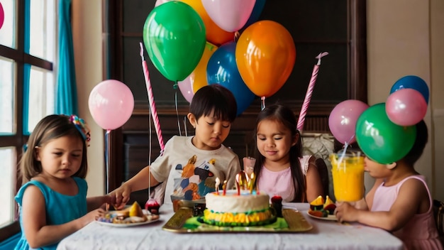 Photo deux enfants sont assis à une table avec des ballons et un gâteau avec le mot im dessus