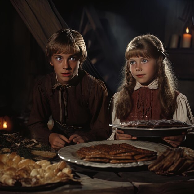 Photo deux enfants sont assis à une table avec de la nourriture et un feu en arrière-plan