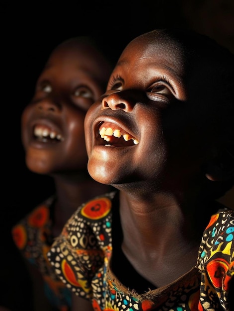 Photo deux enfants sourient et regardent le ciel.