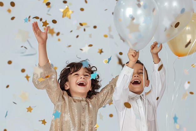 Photo deux enfants sourient et tiennent des ballons et l'un d'eux a une étoile dorée dessus