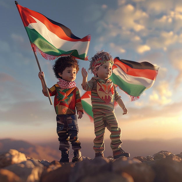 deux enfants tenant un drapeau et l'un d'eux a le drapeau en arrière-plan