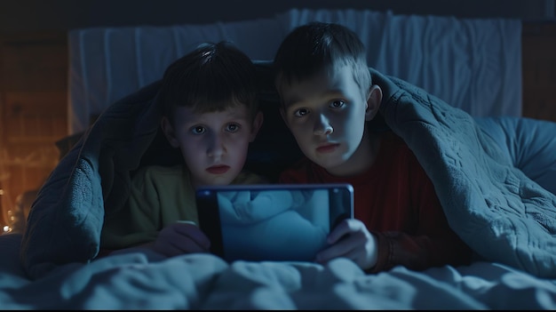 Deux enfants utilisant une tablette sous une couverture la nuit Des frères avec une tablette dans un d IA générative