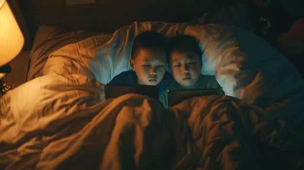 Deux enfants utilisant une tablette sous une couverture la nuit Des frères avec une tablette dans un d IA générative