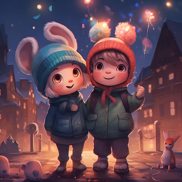 Deux enfants en vêtements d'hiver se tiennent devant une rue de la ville avec des feux d'artifice en arrière-plan.